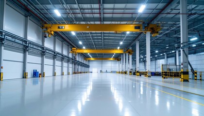 Spacious Industrial Warehouse Interior with Cranes and Bright Lighting
