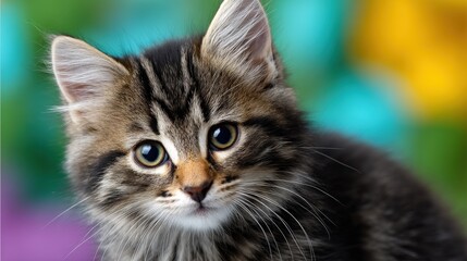 Cute fluffy kitten with striking eyes in colorful background