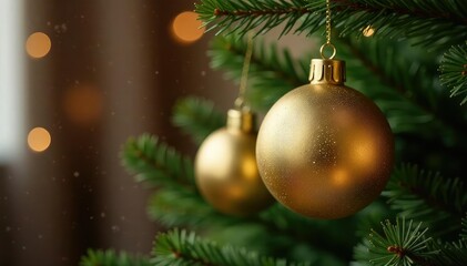 Fototapeta premium Elegant gold Christmas tree ornaments hanging on a decorated tree branch , winter holiday, reflection