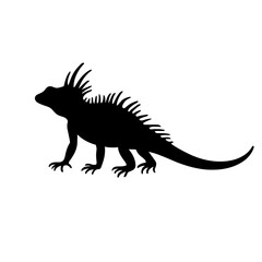 Minimalist black silhouette of an iguana with spiky dorsal crest on white background