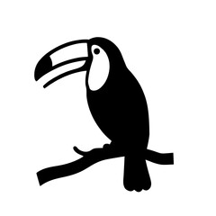 Minimalist black silhouette of a toucan perched on a branch with colorful beak © Fuzzy08 Design