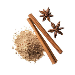 Cinnamon sticks, powder and star anise isolated on transparent background