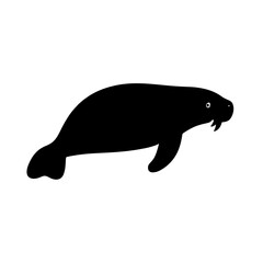 Minimalist black silhouette of a manatee floating gently on white background