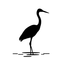 Minimalist black silhouette of a heron standing in shallow water