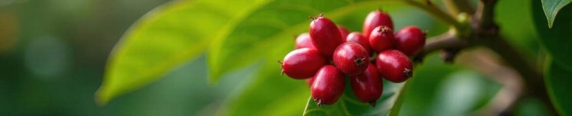 Clusters of red coffee cherries on a coffee tree branch, ready for harvest , robusta, growing, farming