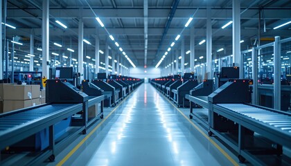Obraz premium Industrial Conveyor Belt System in Modern Warehouse Environment