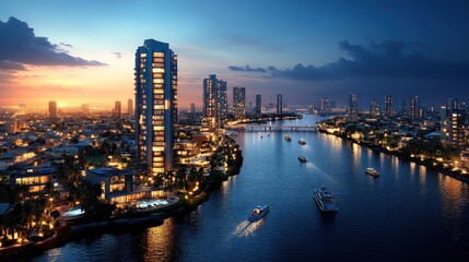 Fototapeta premium Modern city skyline at twilight, river view