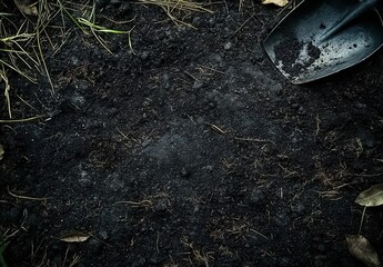 Fototapeta premium A shovel resting on dark, rich soil with some grass and leaves around