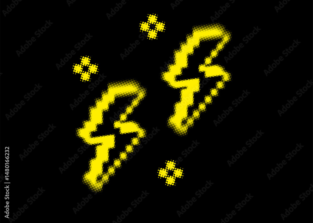 Poster stylized lightning flash vector illustration on black background. thunder halftone dot pattern. abst
