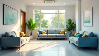 Friendly doctor's office waiting area with comfortable seating and natural light , artwork, healthcare, building