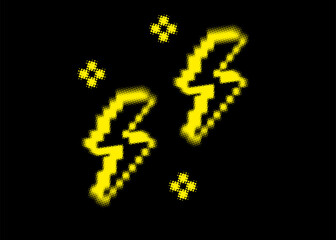 Stylized lightning flash vector illustration on black background. Thunder halftone dot pattern. Abstract grunge overlay texture. Bold and creative dotted design element