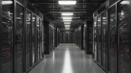 Adjacent to the busy office a secure vault houses rows of servers. The low drone of cooling fans resonates in the stillness while blinking LED lights signal constant activity. Specialists