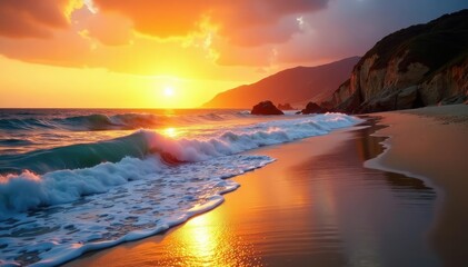 Fototapeta premium Golden California beach sunset, waves crashing on the shore Tranquil ocean view , peace, vibrant