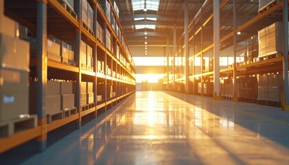 Sunset Reflection in Warehouse Aisle with Shelving and Boxes