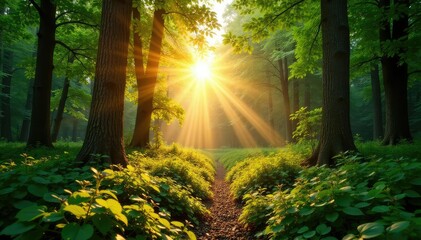 Golden hour sunlight streams through lush Canadian forest, illuminating vibrant green foliage and dappled shadows , wild, scenic, Canadian nature