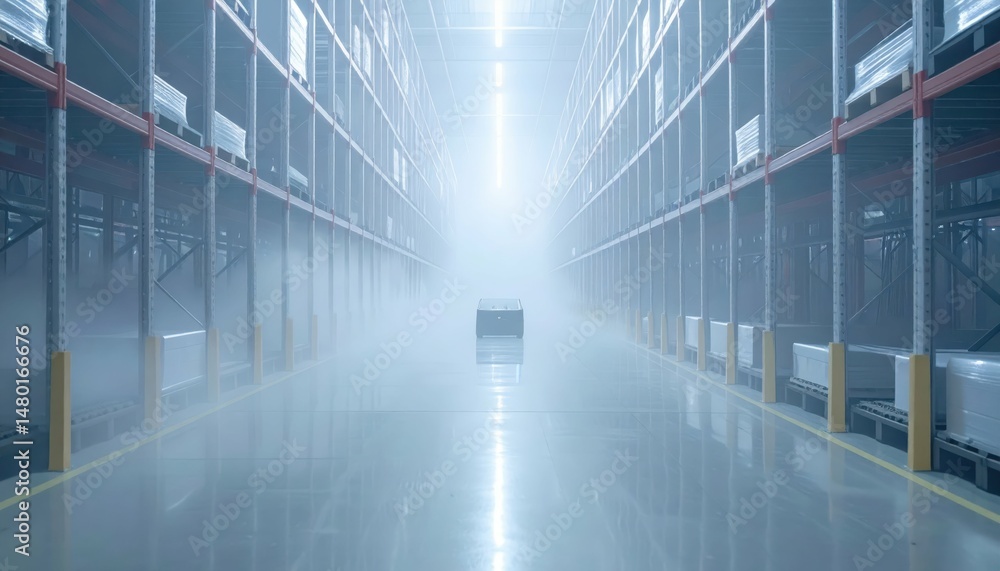 Poster mystical warehouse with fog and empty aisles creating eerie atmosphere
