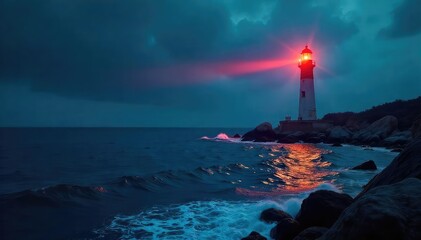 Fototapeta premium Horizontal lighthouse beam sweeping across dark ocean, flashlight, marine, beam