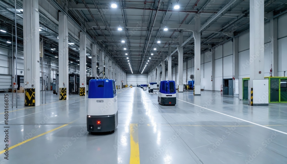 Poster autonomous robots navigating modern warehouse space efficiency
