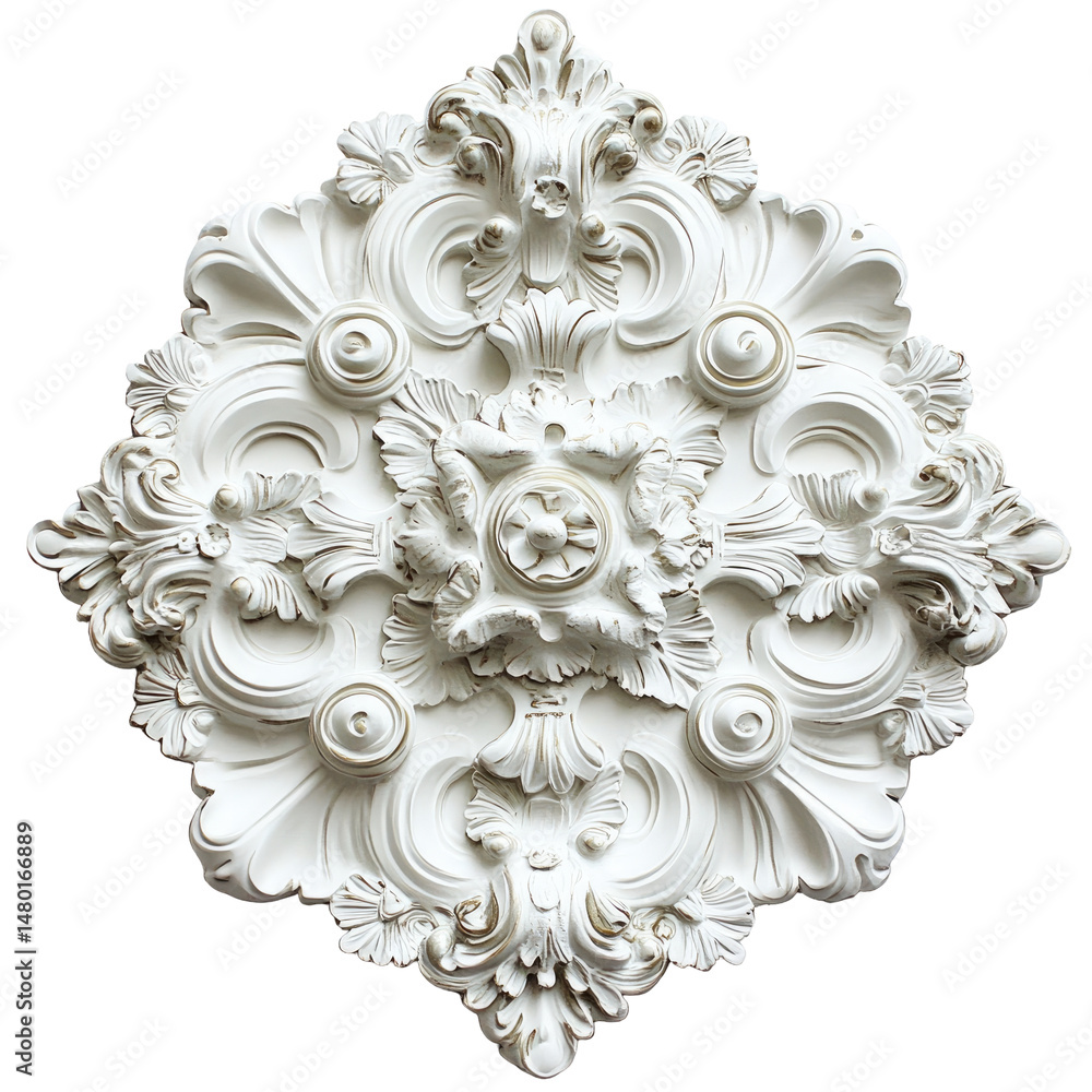 Poster ornate white and gold ceiling medallion on a transparent background with detailed floral and scrollw