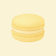 A simple yellow macaron with a creamy filling, illustrated on a green background, ideal for minimalist dessert-themed designs, showcasing a classic French pastry