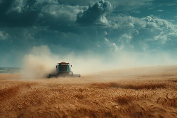 Combine Harvester Harvesting Grain Crop in Golden Field under Moody Sky for Agriculture Industry
