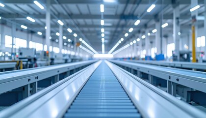 Fototapeta premium Industrial Conveyor Belt in Modern Warehouse with Bright Lighting