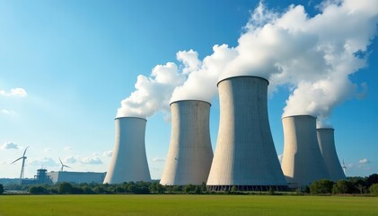 Large industrial cooling towers against a blue sky Efficient energy production, environmental impact, infrastructure, industrial landscape , electricity, condenser, clouds