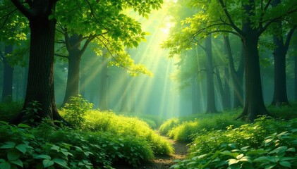 Lush green forest scene with dappled sunlight filtering through leaves , plants, moss