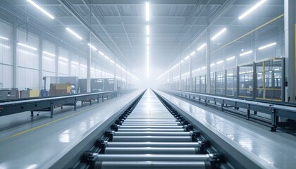 Obraz premium Industrial Warehouse Interior with Conveyor Belt and Foggy Atmosphere