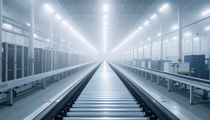 Fototapeta premium Industrial Warehouse with Conveyor Belt and Foggy Atmosphere