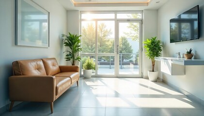 Modern, bright doctor's surgery waiting area with comfortable seating and natural light , health clinic, sterile