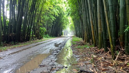 Fototapeta premium Serene Bamboo Pathway Through Lush Green Forest in Morning Light