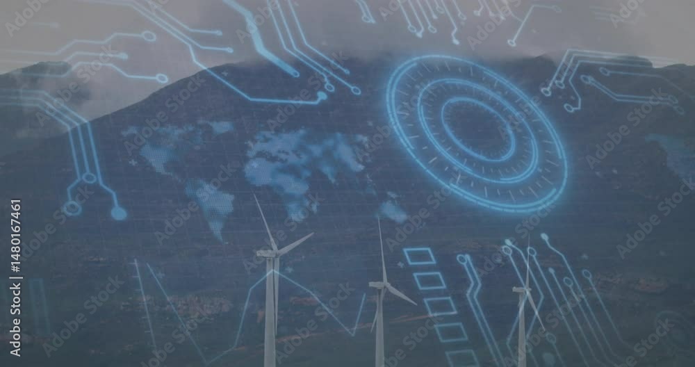 Aufkleber three wind turbines rotating against mountain peak, showing 3d-render digital overlay with hud grid