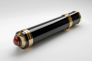 A luxurious black fountain pen with intricate gold accents and a prominent ruby gemstone