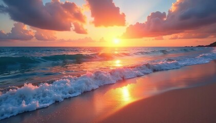 Obraz premium Tranquil sandy shore at sunset, gentle waves lapping the beach , background, calm