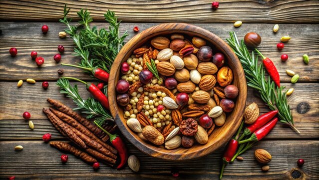 Colorful mixed nuts arranged in a bowl with various herbs and spices like thyme, rosemary, and paprika adding a vibrant touch to a rustic wooden table , colorful, table