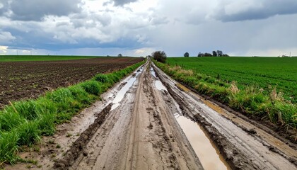 Fototapeta premium Muddy Country Road with Puddles and Green Fields under Cloudy Sky