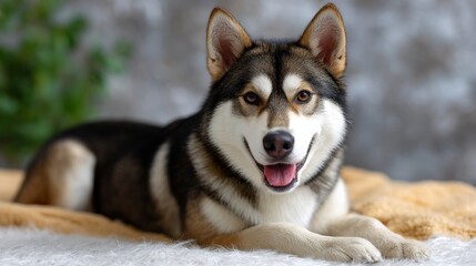 Fototapeta premium Happy Dog Relaxing on Soft Blanket with Blurred Background