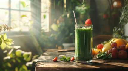A vibrant green smoothie, garnished with strawberries, sits on a rustic wood table