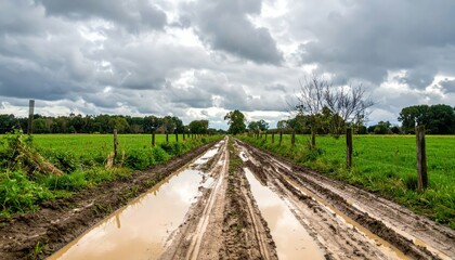 Muddy Farm Road Through Lush Green Fields Under Dramatic Skies