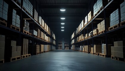 Fototapeta premium A dimly lit warehouse with shelves stocked with boxes