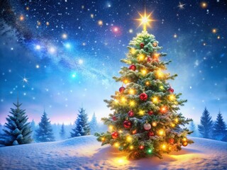 Snowy Christmas Tree with Lights - Festive Winter Holiday Background