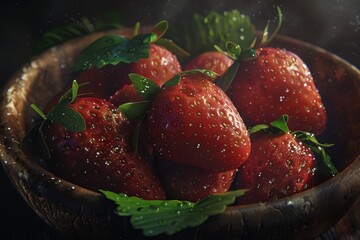 Fresh ripe strawberries, vibrant red color, dewy surface, green leaves attached, placed in a rustic wooden bowl, natural morning light, ultra-realistic, juicy and fresh look 