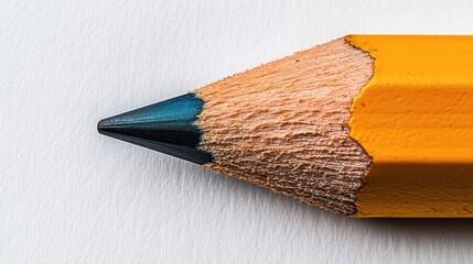 Close-up of a sharpened yellow pencil tip with a blue core on a clean white background for artistic projects