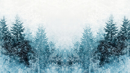 Majestic, symmetrical scene of serene evergreen trees in a cool, frosted forest