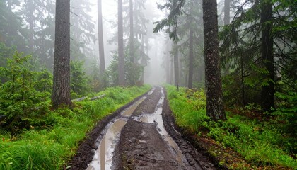 Obraz premium Misty Forest Trail with Muddy Path and Lush Green Vegetation