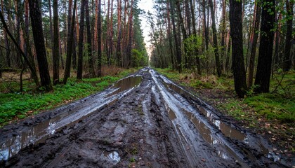 Muddy Trail in Dense Pine Forest After Rainfall in Early Morning