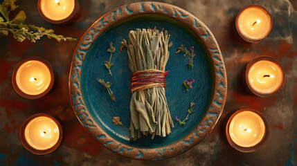 Sage bundle on turquoise plate surrounded by candles, creating a warm glow