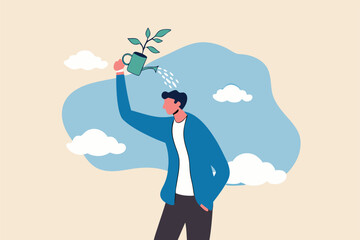 Self improvement, growth mindset, positive attitude to learn new knowledge improvement for business problem concept, smart businessman learner using watering can to water growing seedling on his head.