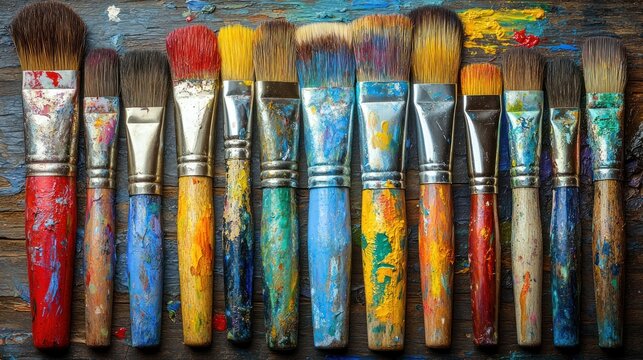 Row of used paintbrushes, various colors, on a wood surface. Colorful paint splatters on handles and bristles - Powered by Adobe
